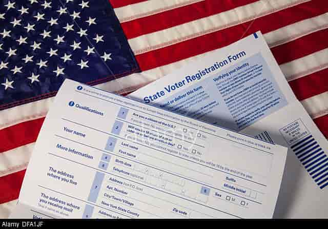 DFA1JF Still Life, close-up, State Voter Registration Forms , US Flag, USA. Image shot 2012. Exact date unknown.