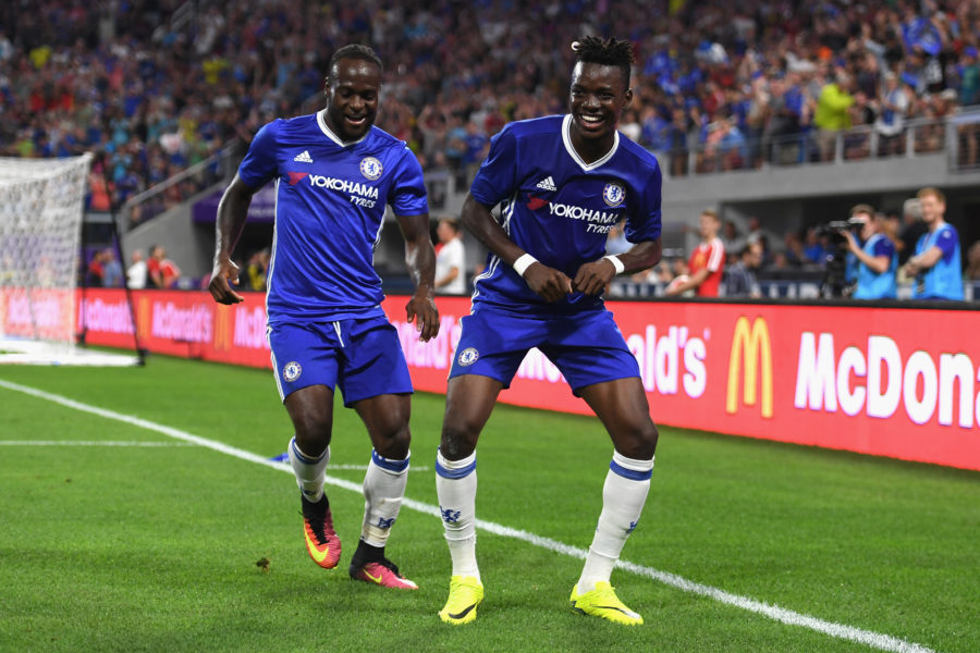 MINNEAPOLIS, MN - AUGUST 03: Bertrand Traore of Chelsea (R) celebrates scoring his sides first goal with Victor Moses of Chelsea (L) during the 2016 International Champions Cup match between Chelsea and AC Milan at U.S. Bank Stadium on August 3, 2016 in Minneapolis, Minnesota. (Photo by Darren Walsh/Chelsea FC via Getty Images)